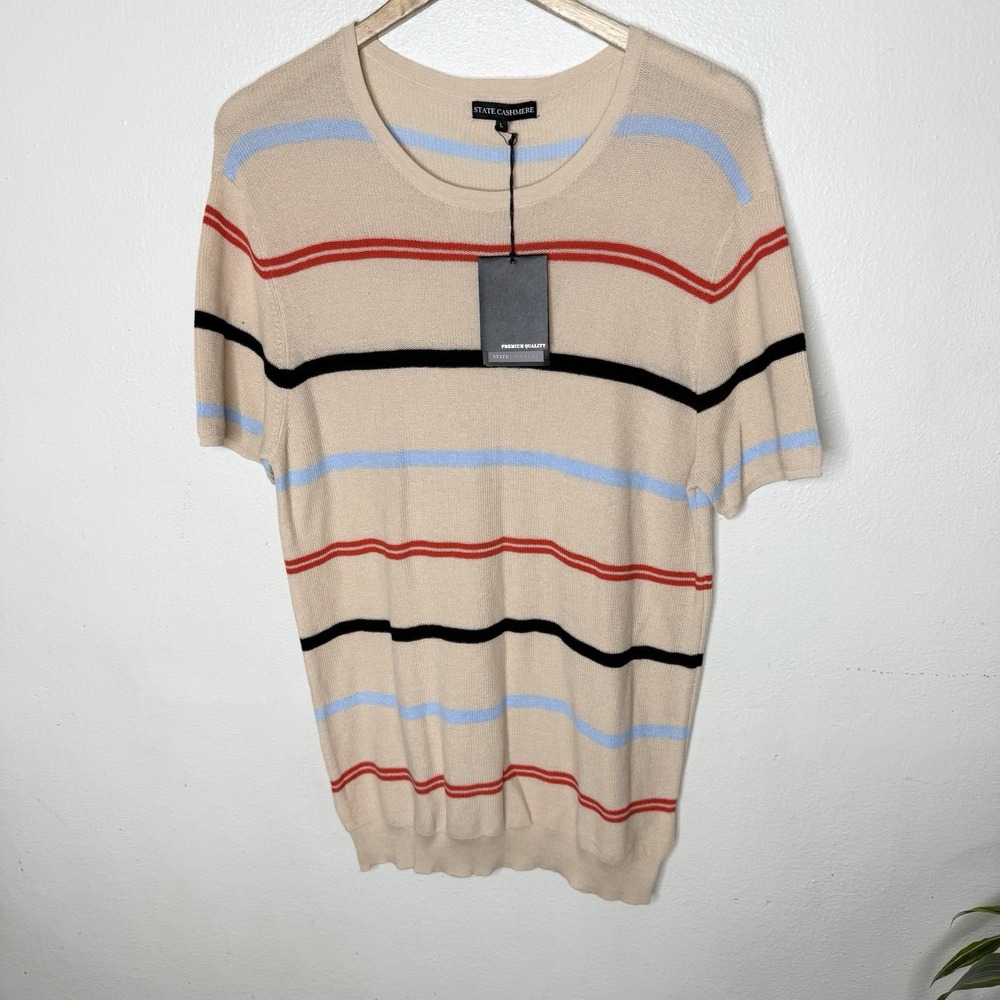 New State Cashmere Beige Red Blue Stripe Short Sleeve Sweater Top Women's Large